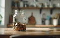 Jar full of coins in minimalistic room. Copy space, blurred background, defocused. Value hacking concept. ROI optimization, Royalty Free Stock Photo