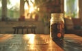 Jar full of coins in minimalistic room. Copy space, blurred background, defocused. Value hacking concept. ROI optimization, Royalty Free Stock Photo