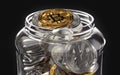 Jar full of cryptocurrencies. Bad habits in storing cryptocurrencies and virtual assets. 3D rendering Royalty Free Stock Photo