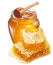 Jar full of fresh honey and honeycombs isolated on white background Royalty Free Stock Photo