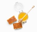 Jar full of fresh honey and honeycombs isolated on white Royalty Free Stock Photo