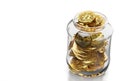 Jar full of golden Bitcoin coins isolated on white background with copy space on the left. Bitcoin Hold concept. Realistic 3D rend Royalty Free Stock Photo