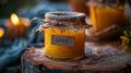 A jar of ghee placed on a carved wooden stump, under warm, cozy lighting