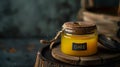 A jar of ghee placed on a wooden surface, with a dark background and copy-space