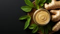 A jar of ginger cream surrounded by fresh ginger root and mint leaves on a black surface