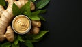 A jar of ginger cream surrounded by fresh ginger root and mint leaves on a black surface