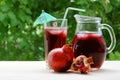 A jar and glass of pomegranate juice with ice on a green background Royalty Free Stock Photo