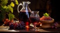 Jar and glass of red wine with grapes on wooden table generative ai still life Royalty Free Stock Photo