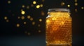 Jar of Golden Honey with Beautiful Honeycomb Structure and Warm Lighting