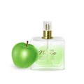 Jar with green perfume on a green apple background, realistic jar with dispenser, perfume with Apple aroma, vector EPS 10