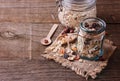 Jar of healthy gluten free muesli close up