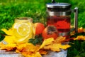 Jar of home made lemo lemonade and jug of tea with persimone fruit and maple leafs against grass on stone slate.