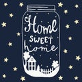 Jar Home sweet home. House, yard, tree, stars, fence, bush