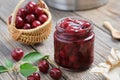 Jar of homemade cherry jam and basket of ripe cherries on table