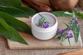 A jar of homemade comfrey root ointment with fresh blooming symphytum plant