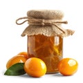 A jar of homemade kumquat jam with fresh kumquats, isolated on a white background. Ai Generated Royalty Free Stock Photo