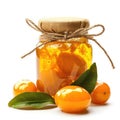 A jar of homemade kumquat jam with fresh kumquats, isolated on a white background. Ai Generated Royalty Free Stock Photo