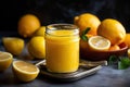 jar of homemade lemon curd with a swirl of yellow Royalty Free Stock Photo