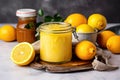 jar of homemade lemon curd with a swirl of yellow Royalty Free Stock Photo