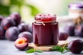 Jar with homemade marmalade or jam with plums with fruits