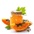 A jar of homemade papaya jam with fresh papaya, isolated on a white background. Ai Generated Royalty Free Stock Photo