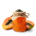 A jar of homemade papaya jam with fresh papaya, isolated on a white background. Ai Generated Royalty Free Stock Photo