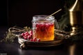 jar of homemade preserves with pourer, ready for gift giving