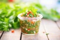 a jar of homemade salsa with cherry tomatoes and fresh herbs