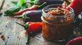 Jar of homemade spicy salsa with fresh vegetables on wooden background