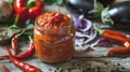 Jar of homemade spicy salsa with fresh vegetables on wooden background