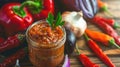 Jar of homemade spicy salsa with fresh vegetables on wooden background