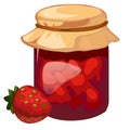 Jar of homemade strawberry jam. Vector dessert