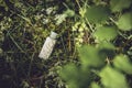 Jar with homeopathy granules lay on grass moss outdoors in wild nature.