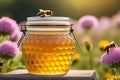 Jar of honey with bees in a beautiful field of blooming wildflowers
