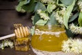 Jar with honey, honeycomb with pollen and linden flowers Royalty Free Stock Photo