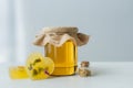 Jar with honey near handmade soap Royalty Free Stock Photo