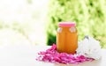 Jar of honey, pink and white petals and peony flowers, isolate