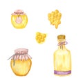A jar of honey. Set of watercolor jars with honey and honeycomb. Honey sweets, health, organic product.