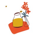 Jar of honey and vase of flowers vector illustration Royalty Free Stock Photo