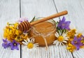 Jar of honey with wildflowers Royalty Free Stock Photo