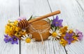 Jar of honey with wildflowers Royalty Free Stock Photo