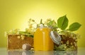 Jar of honey, wooden frame with bee honeycombs on yellow background