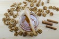 Jar of honey, wooden spoon and wallnuts