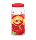 Jar of hot chili peppers with red lid, condiment container. Spicy food and preserve concept. Flavored spices in