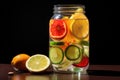 A jar of infused water, brimming with vibrant slices of fresh fruit.