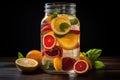 A jar of infused water, brimming with vibrant slices of fresh fruit.