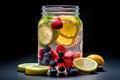 A jar of infused water, brimming with vibrant slices of fresh fruit.