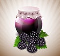 Jar of jam with blackberry and leaves