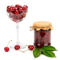 Jar of jam and fresh cherries isolated on white Royalty Free Stock Photo