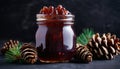 A jar of jam with pine cones on the side